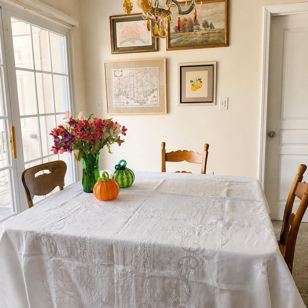 Vintage Tablecloth Embroidered Drawn Cutwork Rectangular 116x66" White Cotton